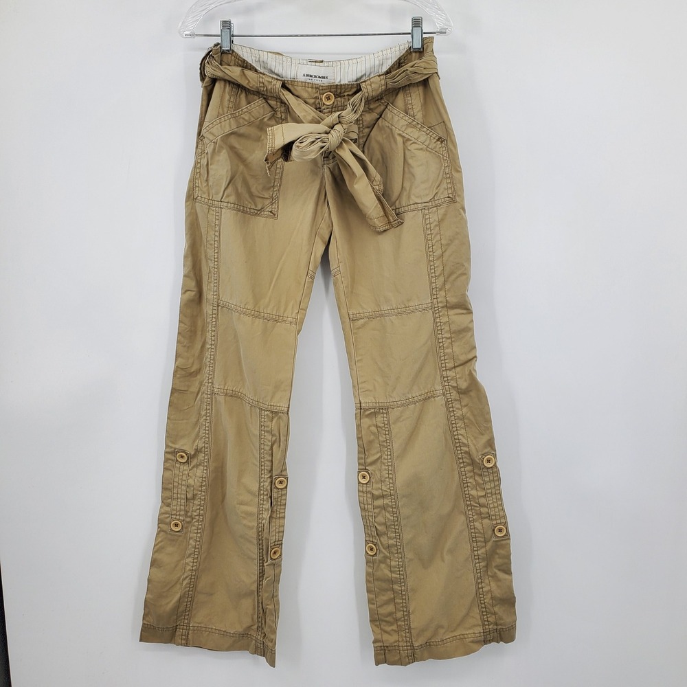 Vintage Abercrombie & Fitch Khaki Cargo Pants Tie Waist S Y2K Low Rise Wide Leg - Picture 1 of 14